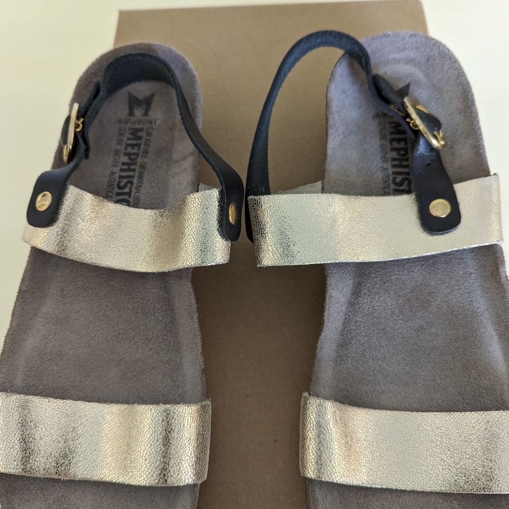 Mephisto gold leather slingback wedge sandals